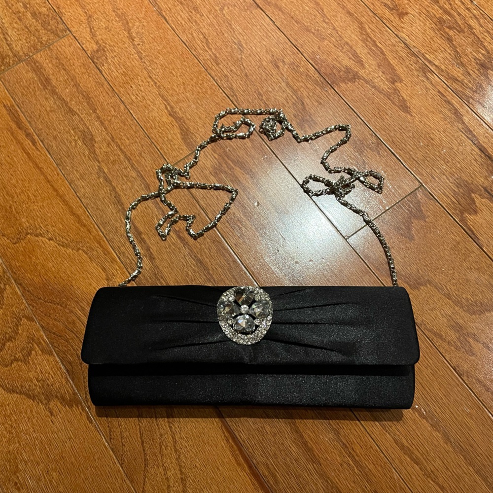 Black Satin Clutch with Chain Strap